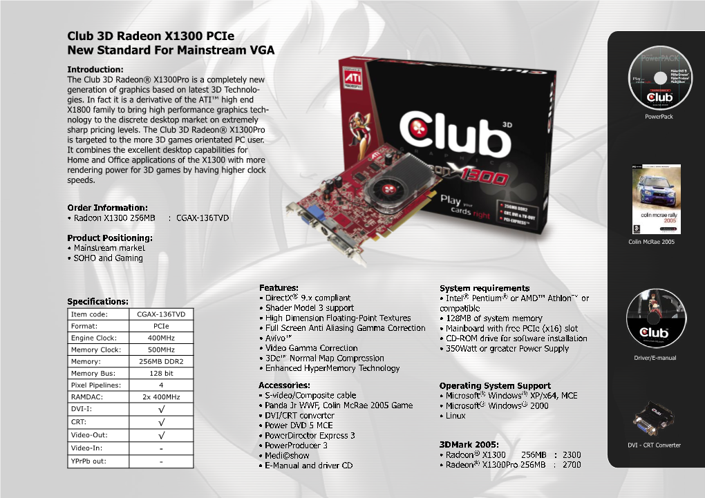 Club 3D Radeon X1300 Pcie New Standard for Mainstream VGA