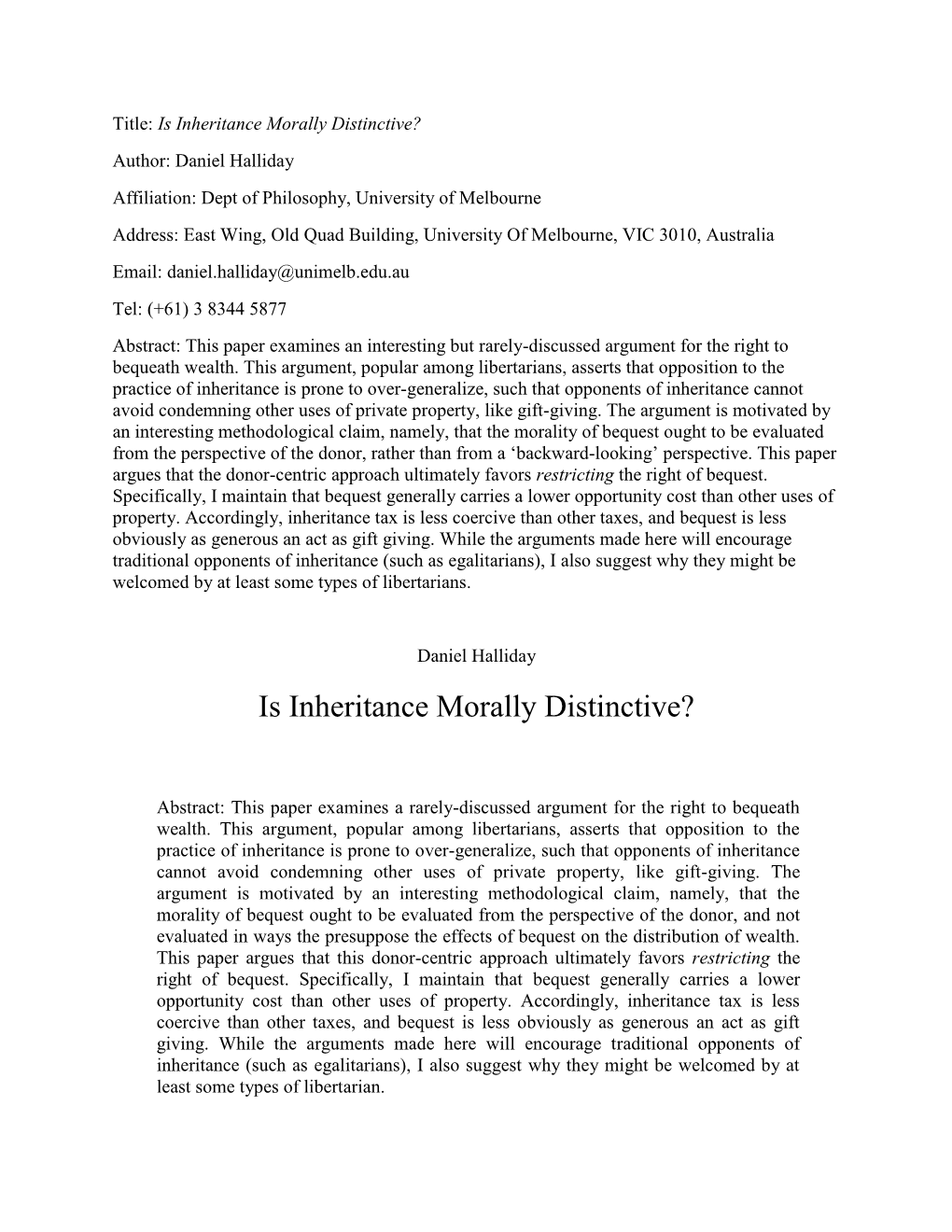 Is Inheritance Morally Distinctive?