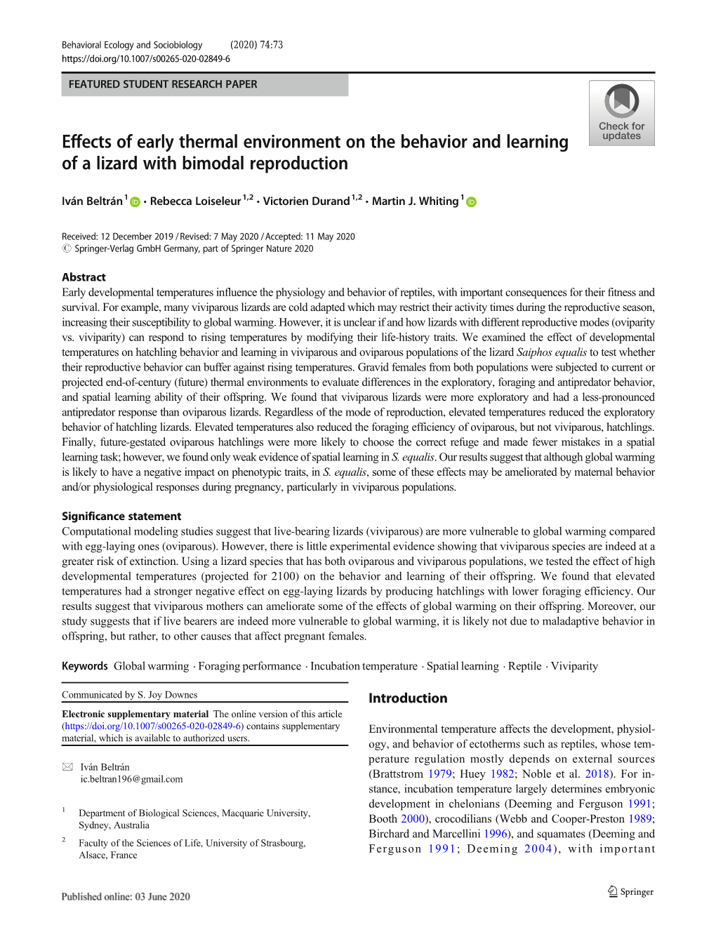 Effects of Early Thermal Environment on the Behavior and Learning of a Lizard with Bimodal Reproduction