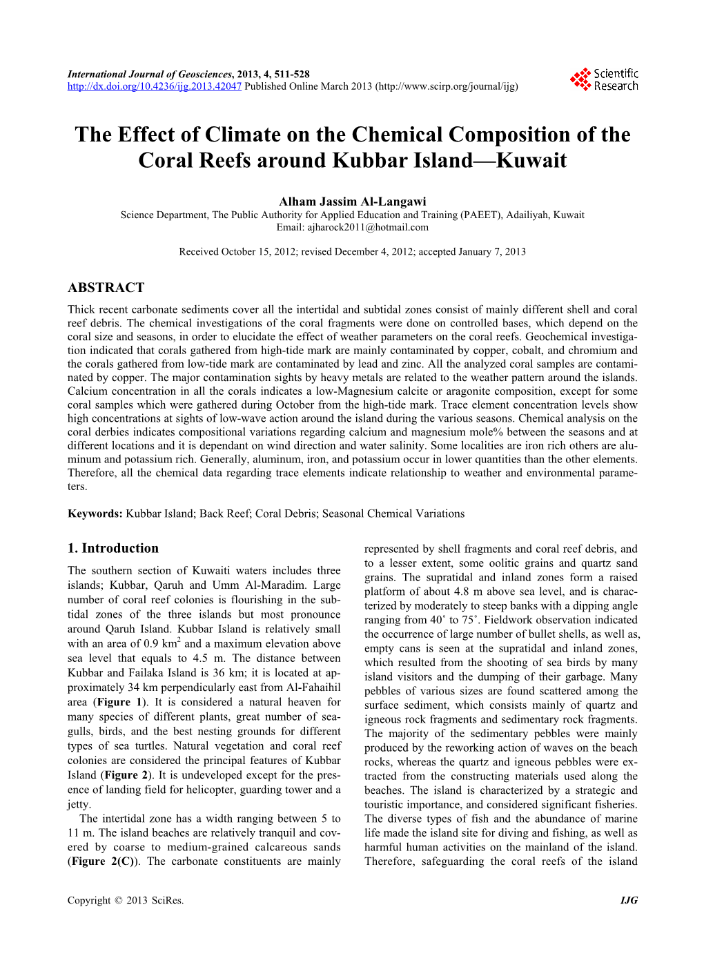 The Effect of Climate on the Chemical Composition of the Coral Reefs Around Kubbar Island—Kuwait