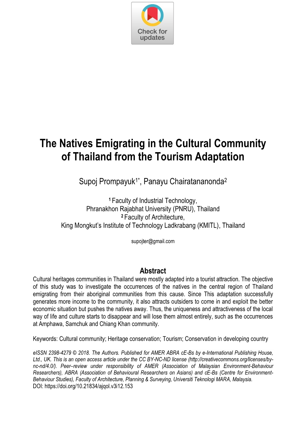 The Natives Emigrating in the Cultural Community of Thailand from the Tourism Adaptation