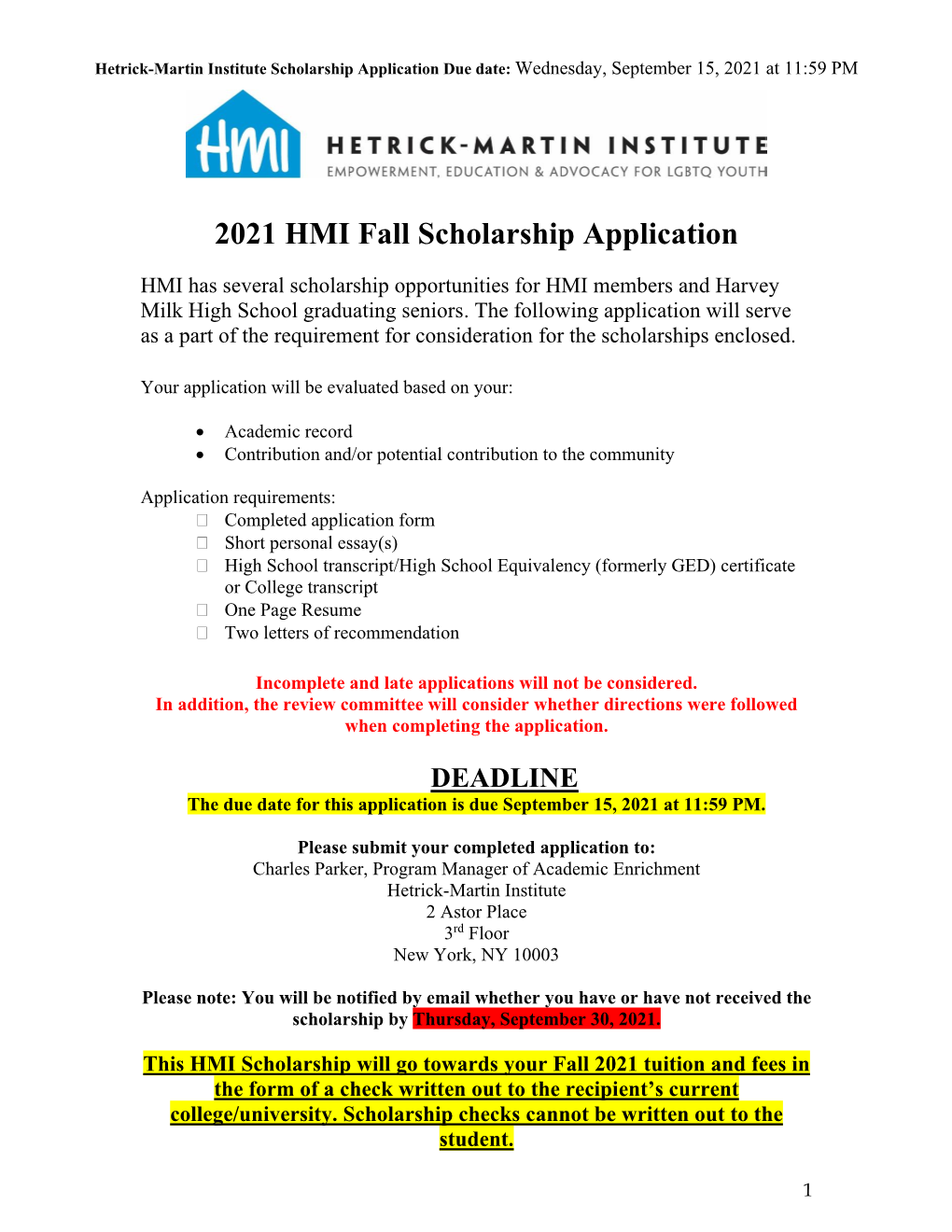 2021 HMI Fall Scholarship Application