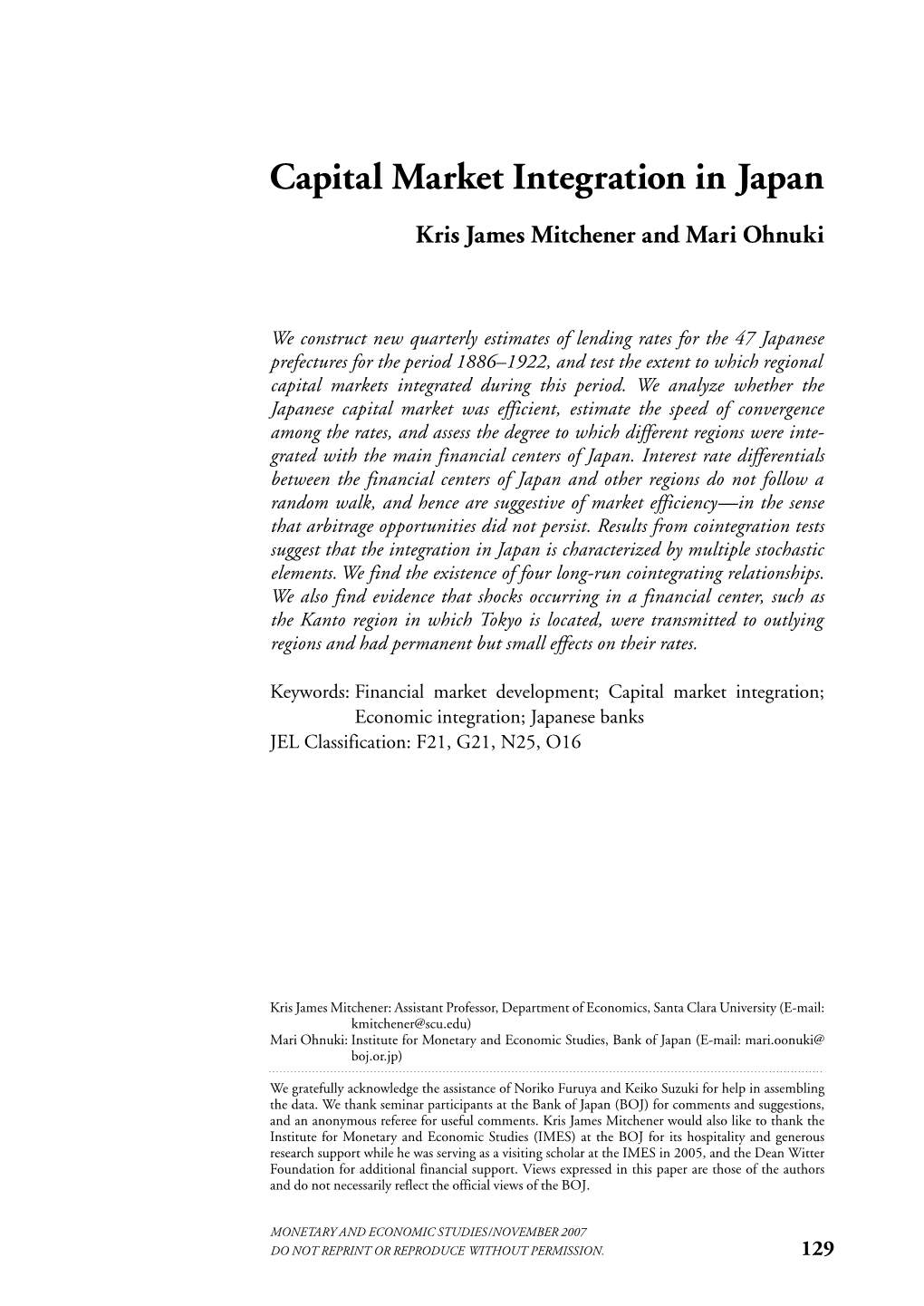 Capital Market Integration in Japan