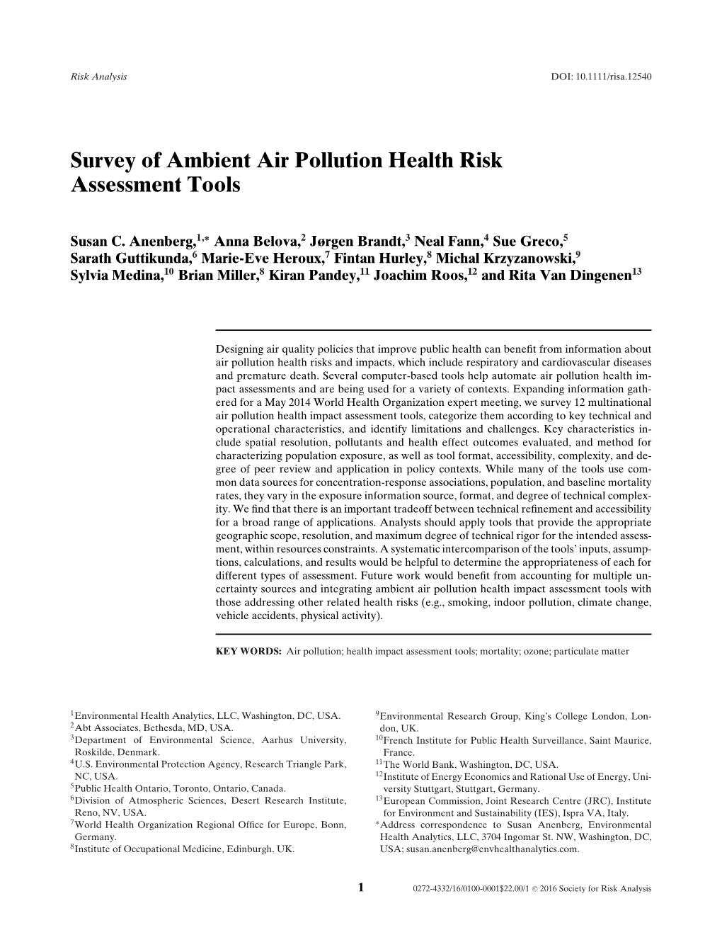 Survey of Ambient Air Pollution Health Risk Assessment Tools
