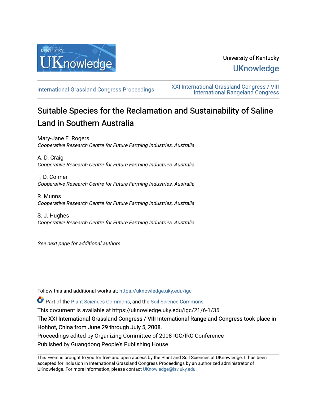 Suitable Species for the Reclamation and Sustainability of Saline Land in Southern Australia