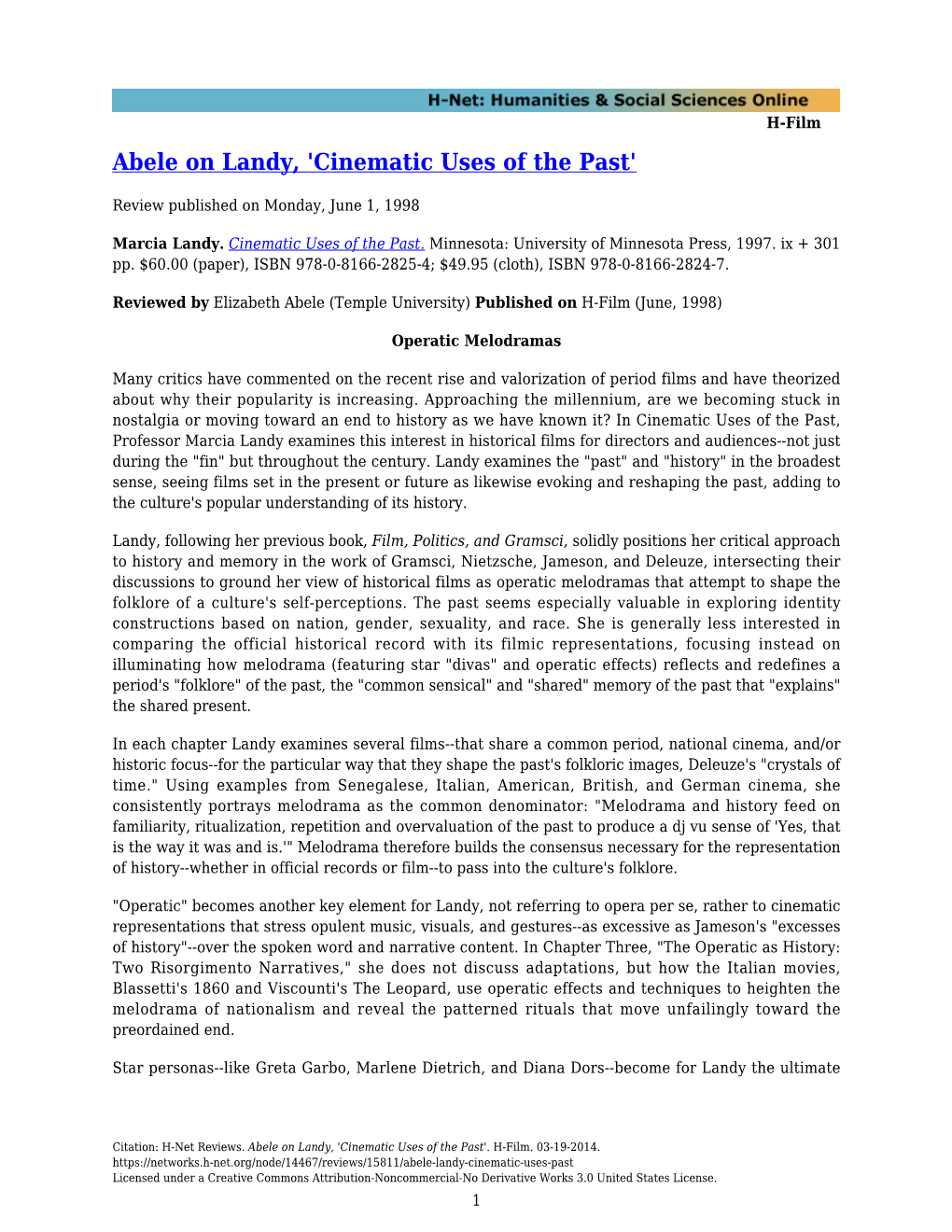 Abele on Landy, 'Cinematic Uses of the Past'