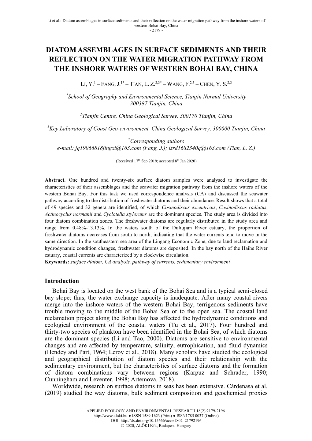 Diatom Assemblages in Surface Sediments and Their Reflection on the Water Migration Pathway from the Inshore Waters of Western Bohai Bay, China - 2179