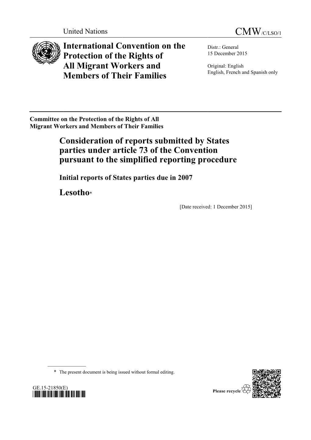 Consideration of Reports Submitted by States Parties Under Article 73 of the Convention Pursuant to the Simplified Reporting Procedure