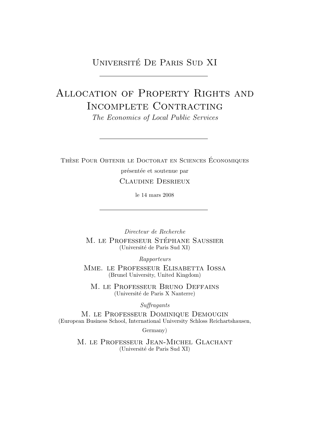 Allocation of Property Rights and Incomplete Contracting the Economics of Local Public Services