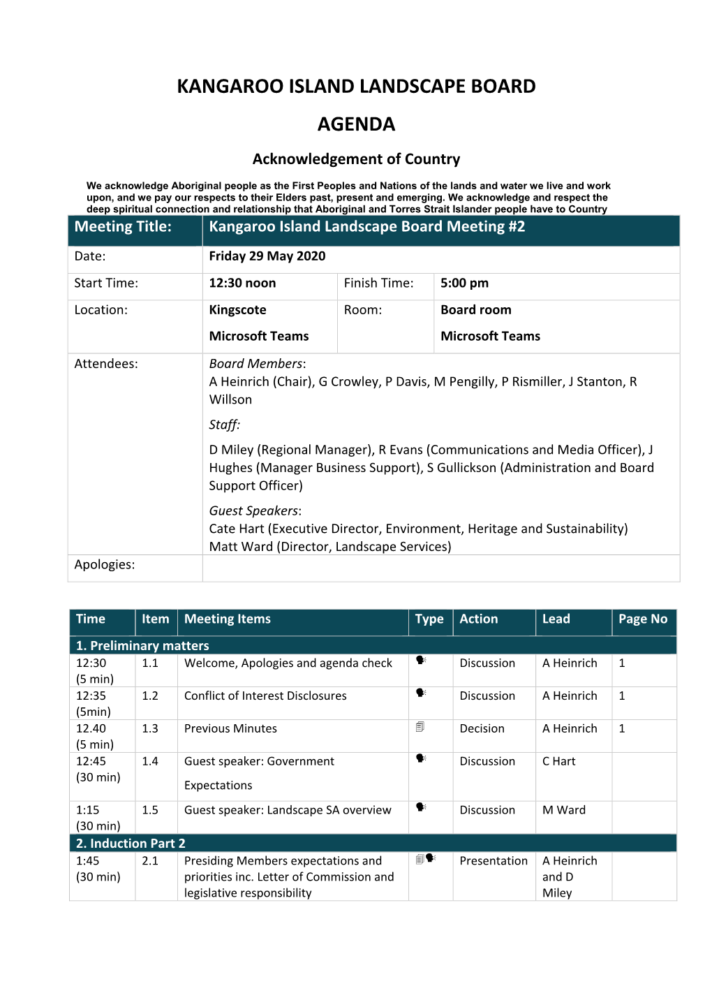 KANGAROO ISLAND LANDSCAPE BOARD AGENDA Acknowledgement of Country