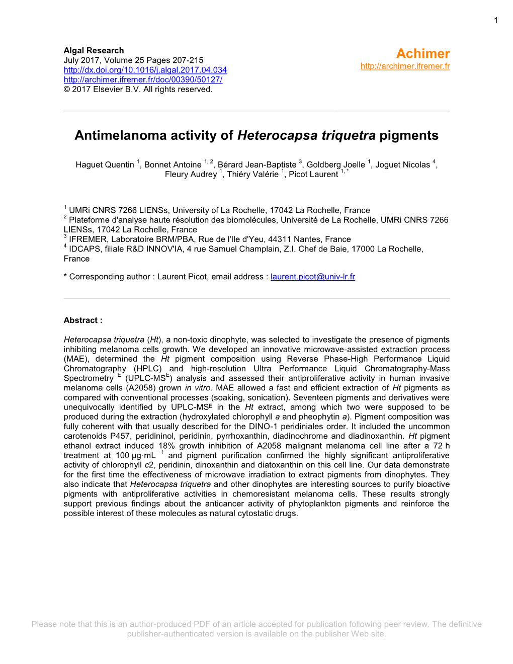 Antimelanoma Activity of Heterocapsa Triquetra Pigments