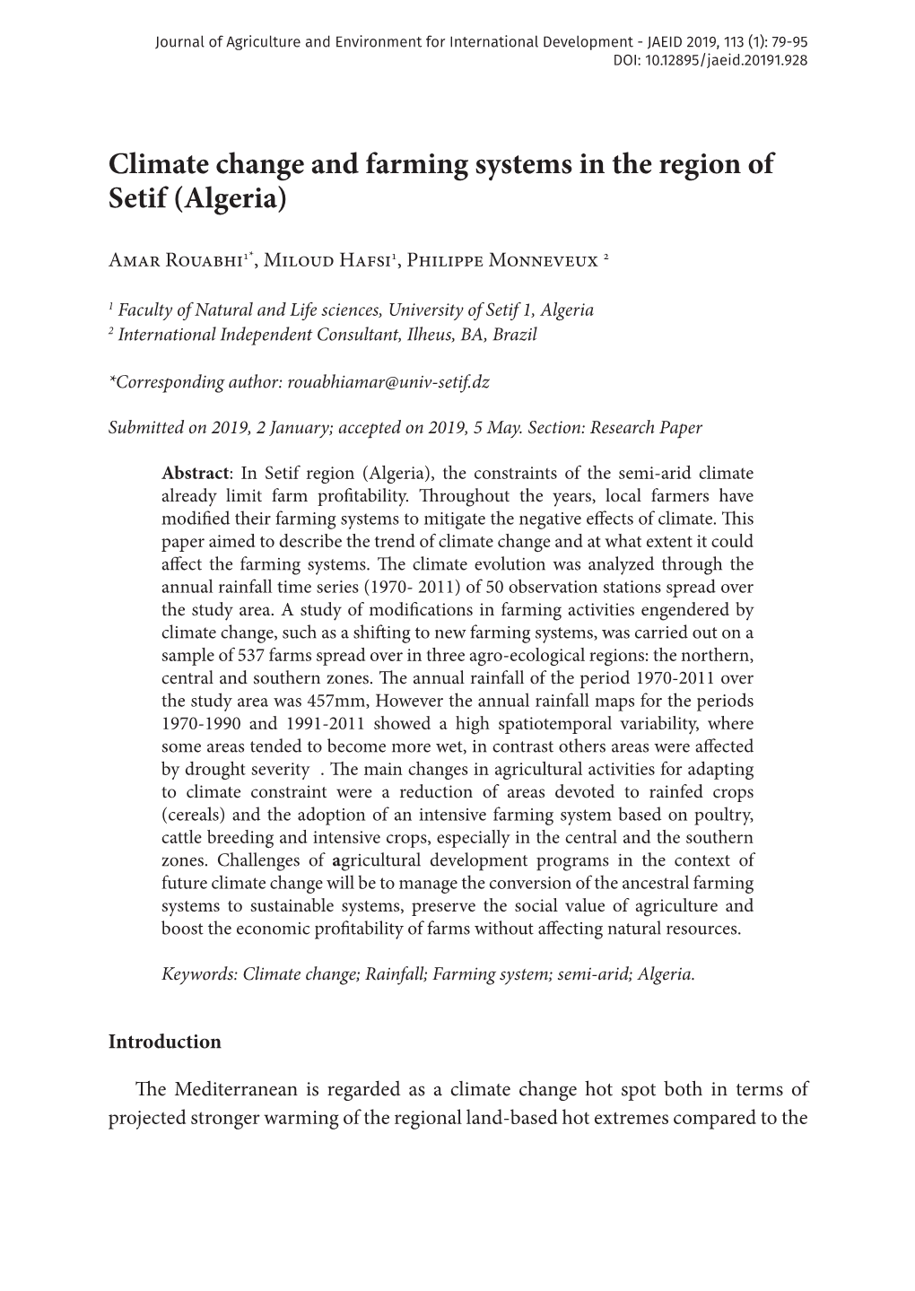 Climate Change and Farming Systems in the Region of Setif (Algeria)