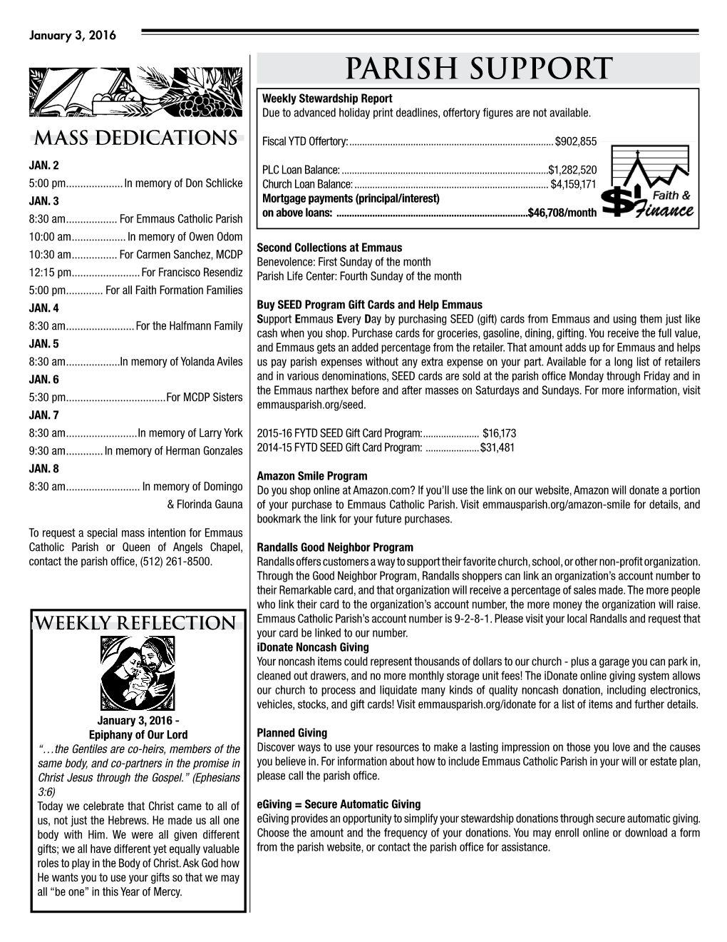 PARISH SUPPORT Weekly Stewardship Report Due to Advanced Holiday Print Deadlines, Offertory Figures Are Not Available