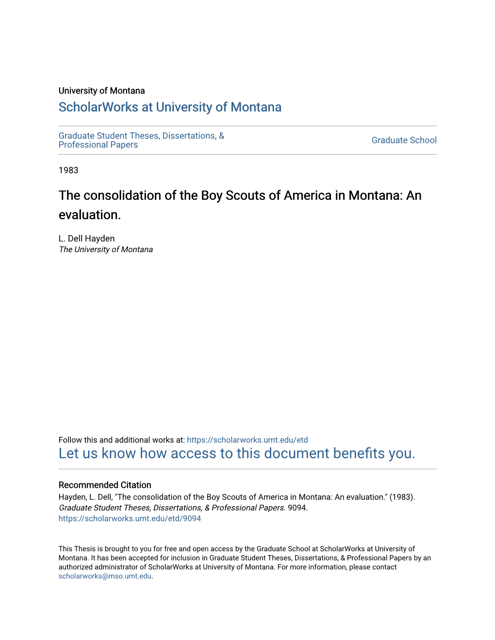 The Consolidation of the Boy Scouts of America in Montana: an Evaluation
