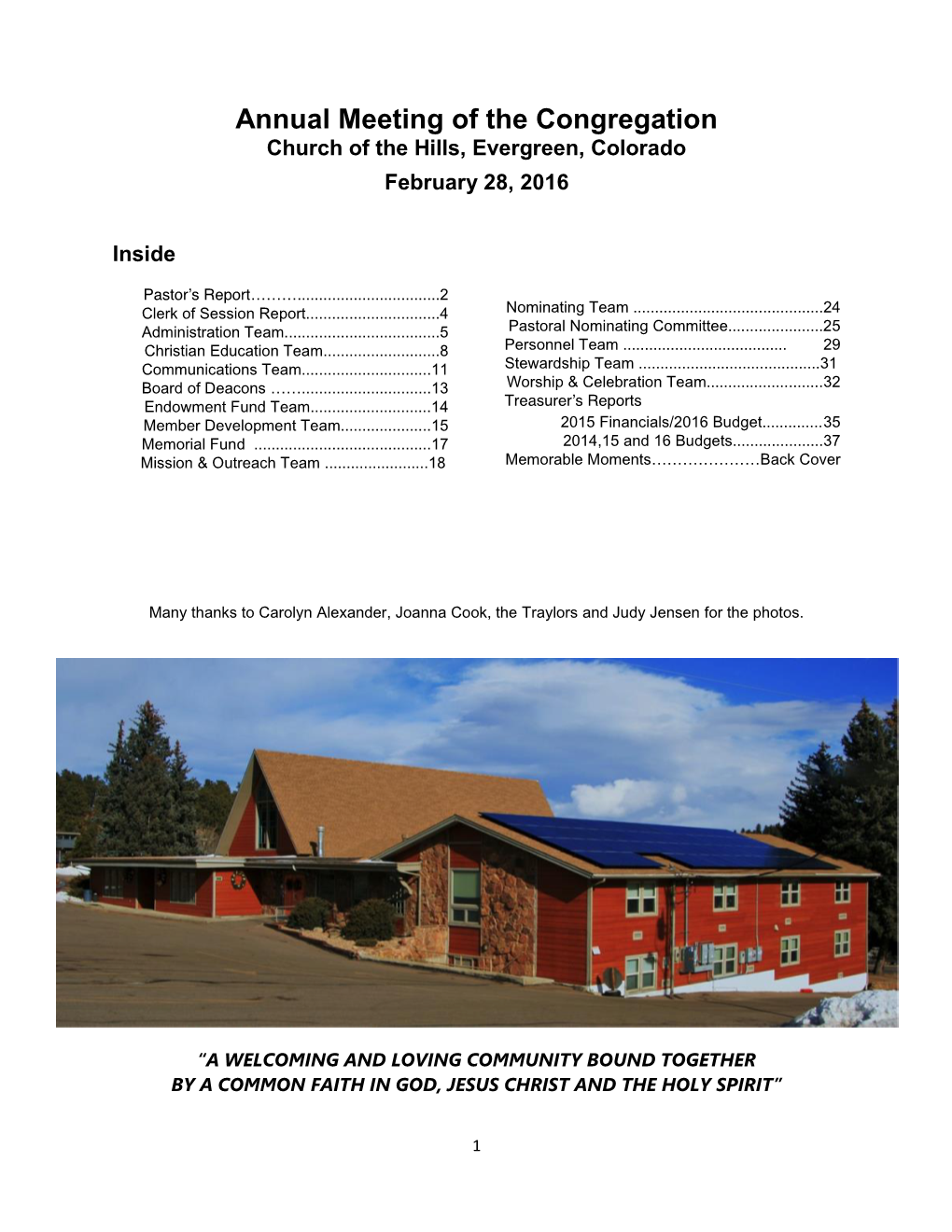 Annual Meeting of the Congregation Church of the Hills, Evergreen, Colorado February 28, 2016
