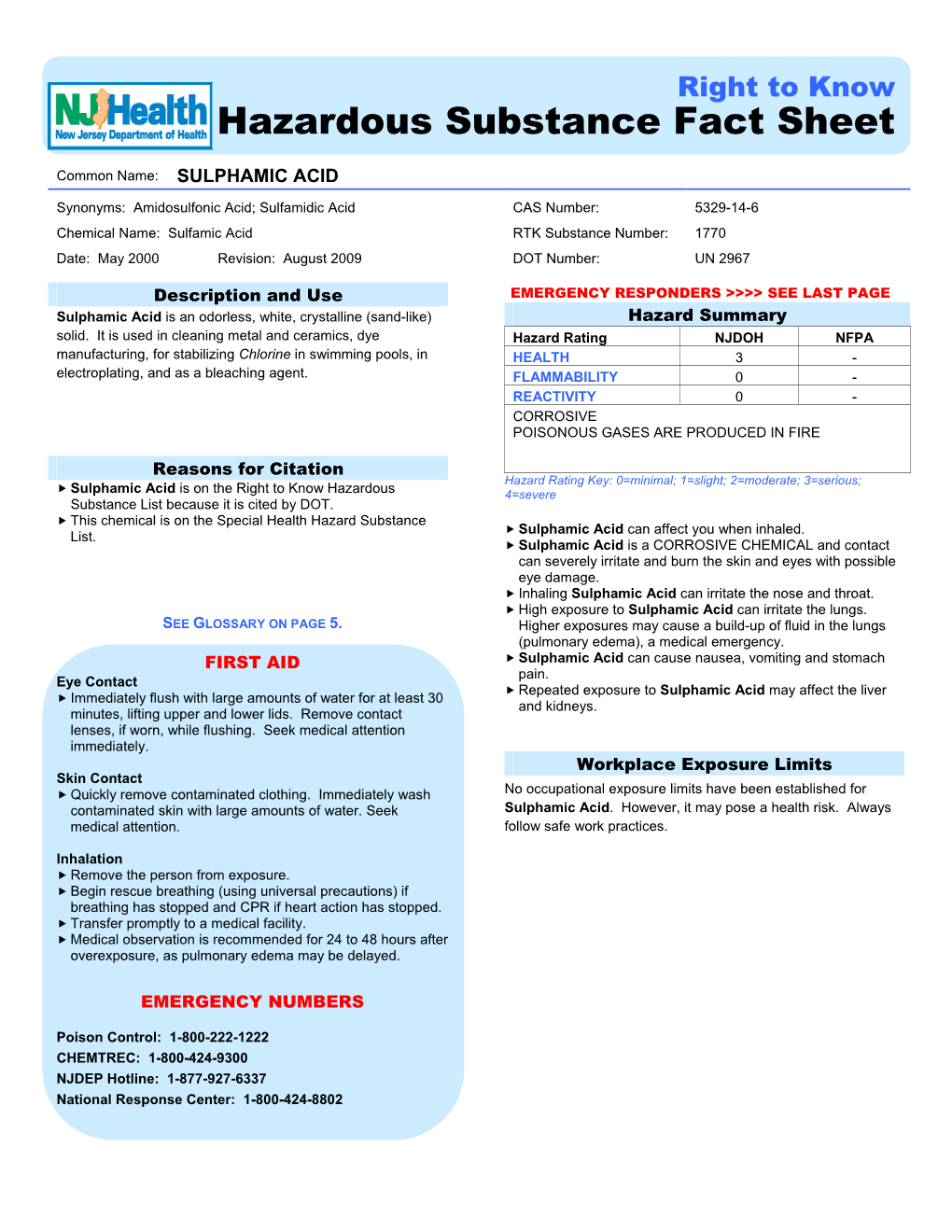 1770 Date: May 2000 Revision: August 2009 DOT Number: UN 2967