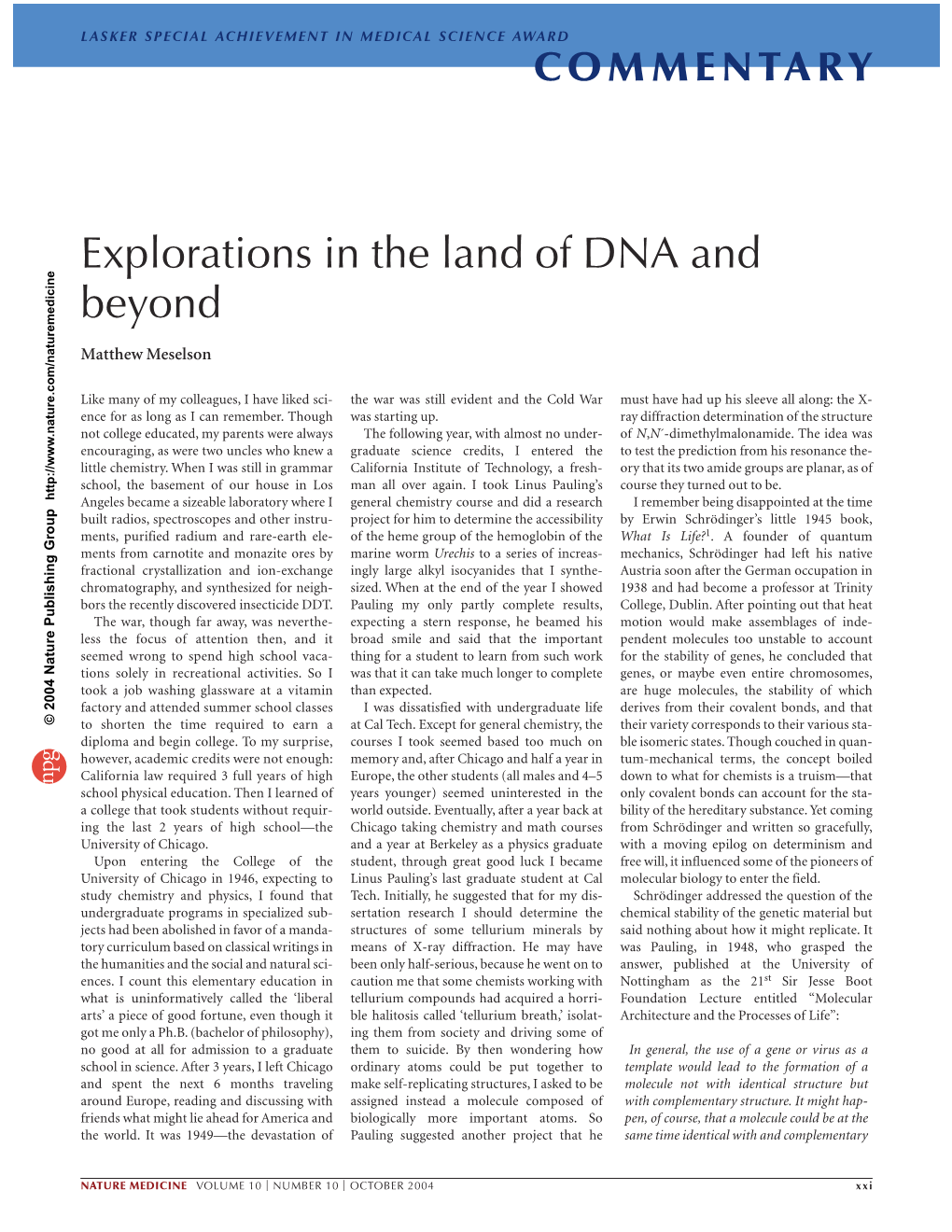 NATURE MEDICINE VOLUME 10 | NUMBER 10 | OCTOBER 2004 Xxi COMMENTARY