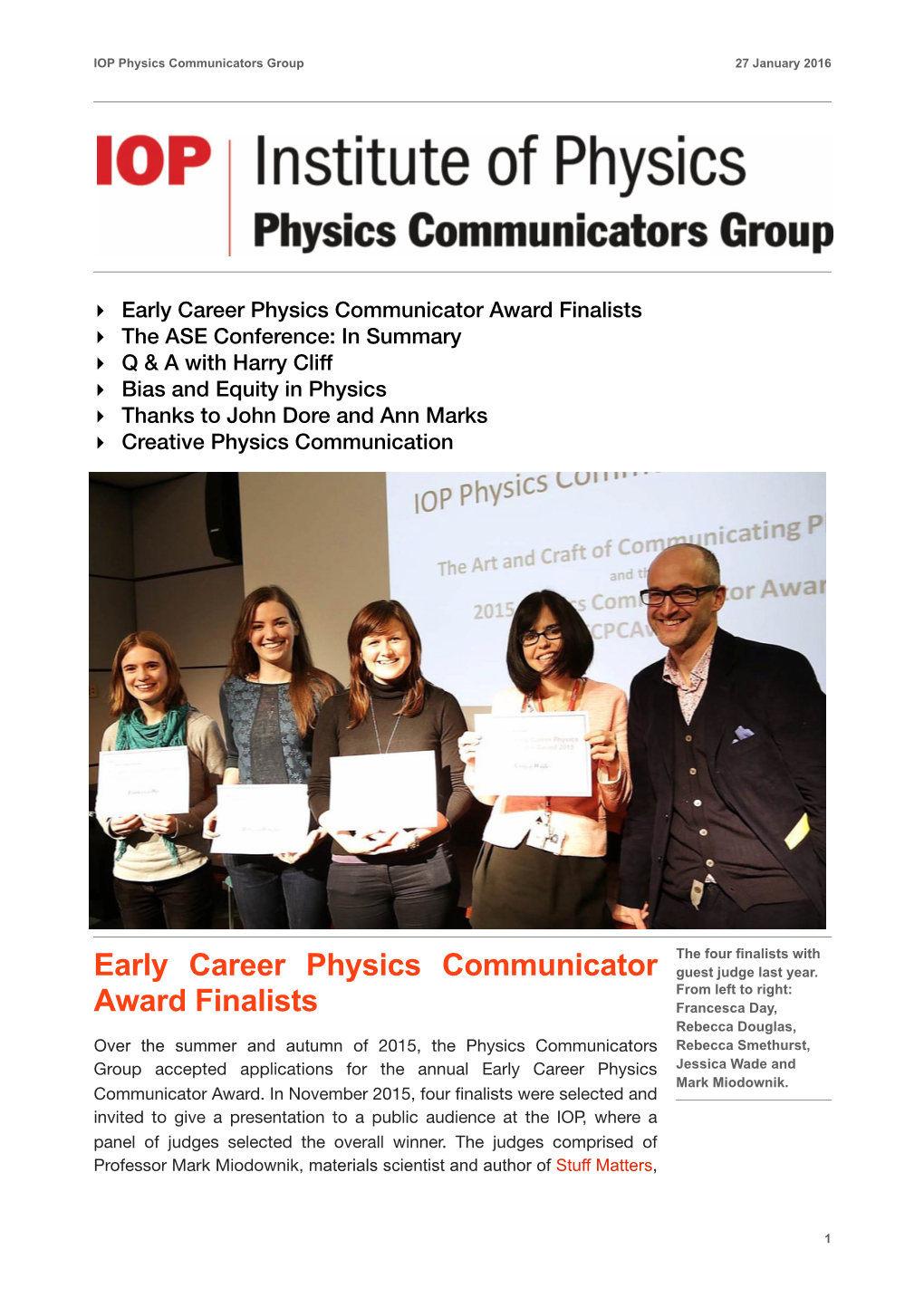 Early Career Physics Communicator Award Finalists