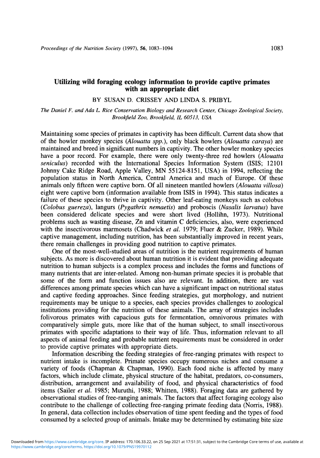 Utilizing Wild Foraging Ecology Information to Provide Captive Primates with an Appropriate Diet by SUSAN D