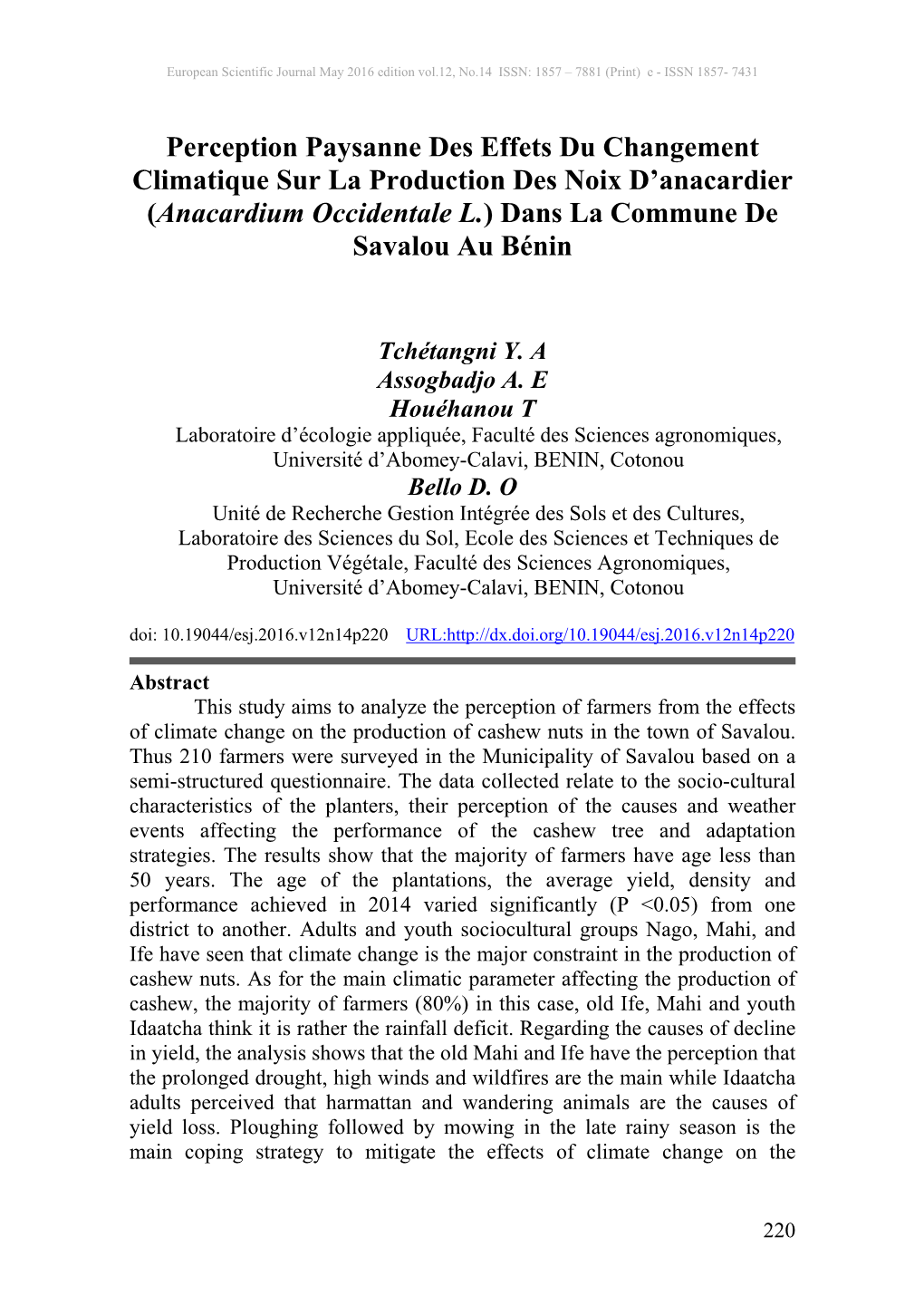 Perception Paysanne Des Effets Du Changement Climatique Sur La Production Des Noix D’Anacardier (Anacardium Occidentale L.) Dans La Commune De Savalou Au Bénin