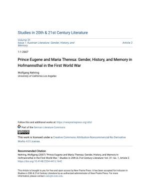 Prince Eugene and Maria Theresa: Gender, History, and Memory in Hofmannsthal in the First World War