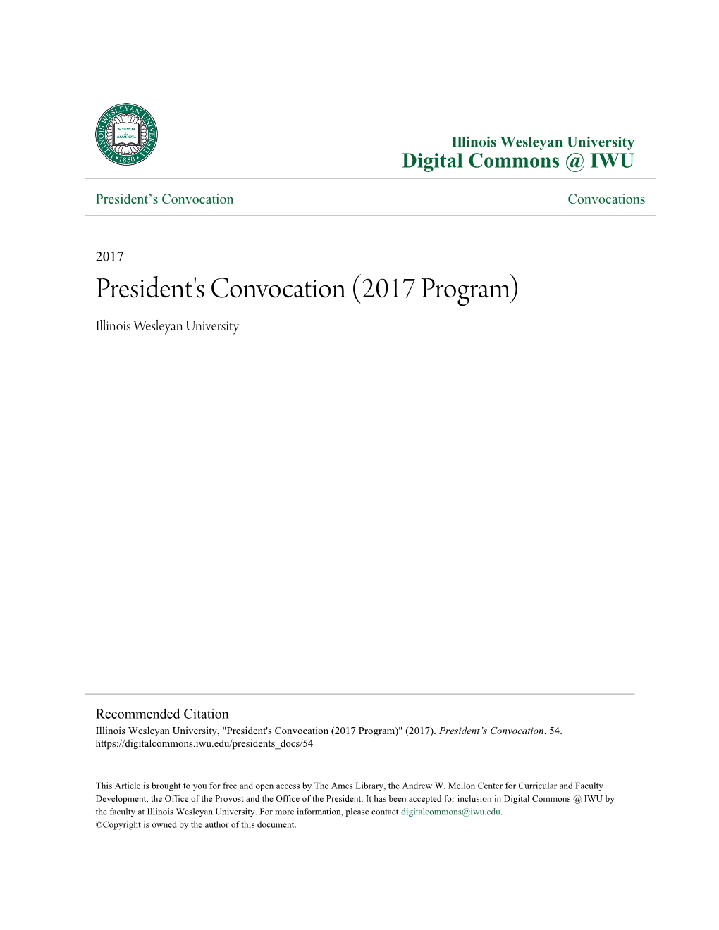 President's Convocation (2017 Program) Illinois Wesleyan University