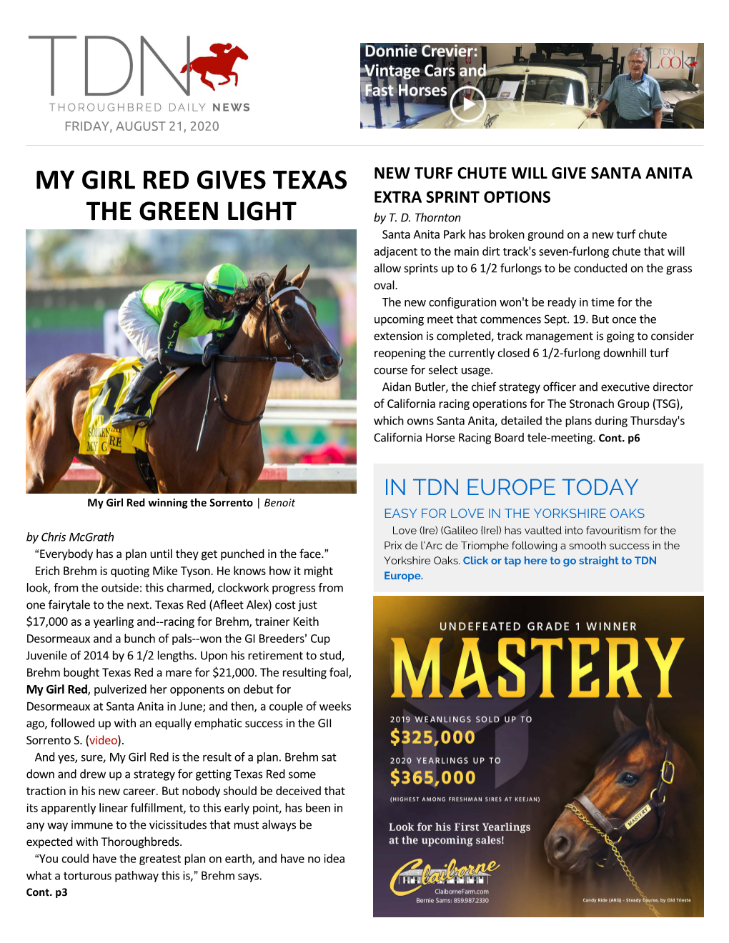 MY GIRL RED GIVES TEXAS the GREEN LIGHT Years, but the G1 1000 Guineas and G1 Epsom Oaks Heroine Erich Brehm Is Riding a High As the Breeder of GII Sorrento S