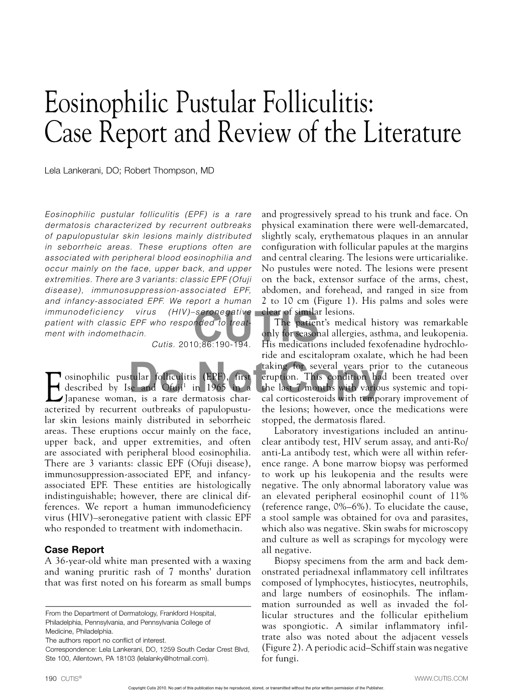 Eosinophilic Pustular Folliculitis Case Report And Review Of The