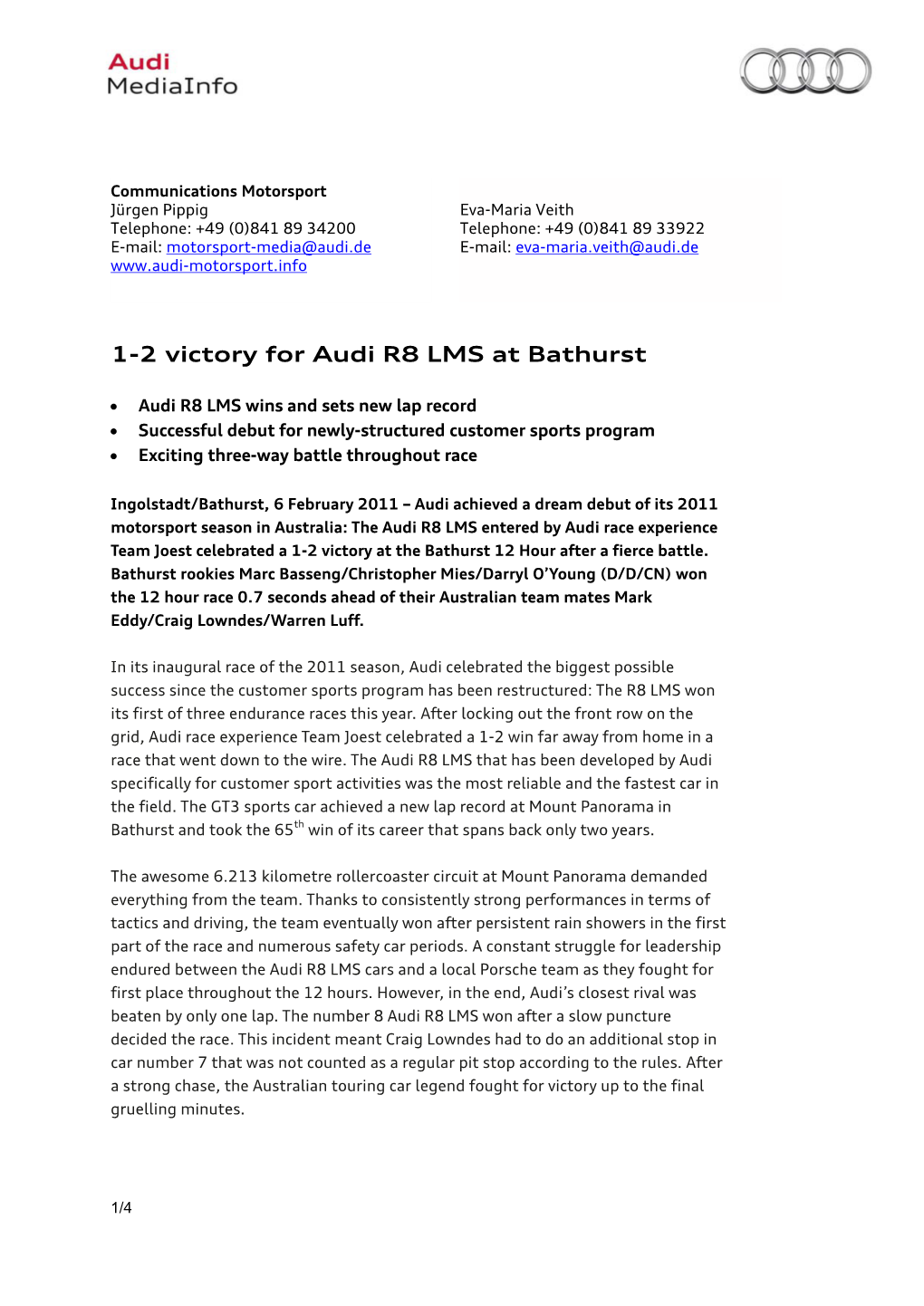 1-2 Victory for Audi R8 LMS at Bathurst