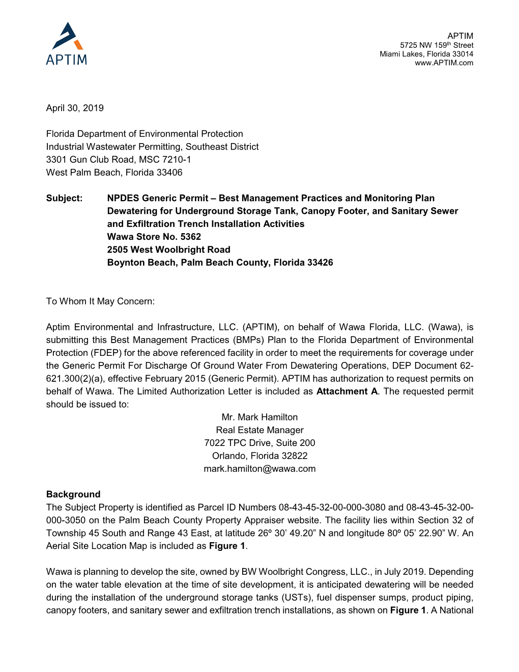 Florida Department of Environmental Protection Industrial Wastewater Permitting, Southeast District 3301 Gun Club Road, MSC 7210-1 West Palm Beach, Florida 33406
