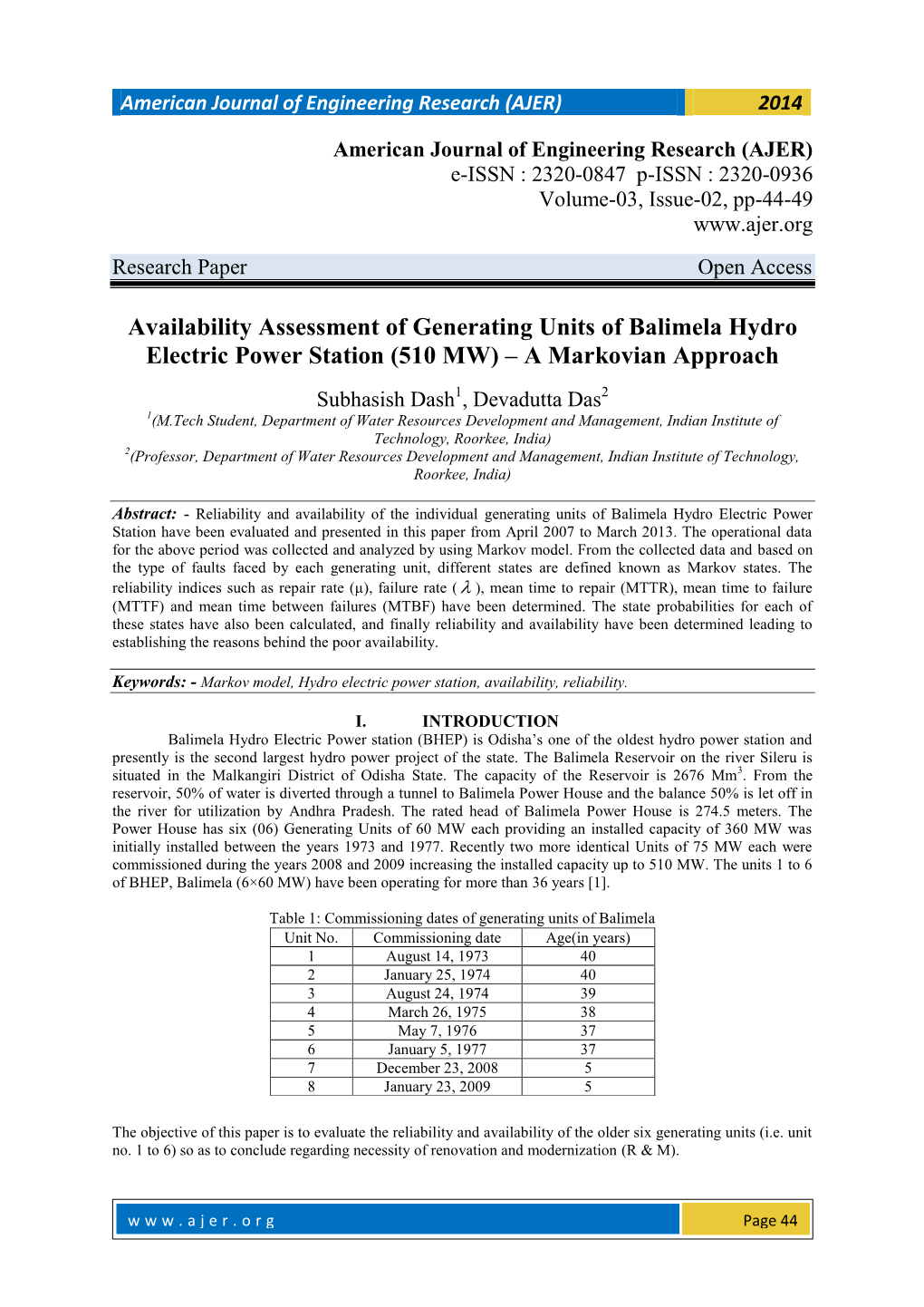 Availability Assessment of Generating Units of Balimela Hydro Electric Power Station (510 MW) – a Markovian Approach