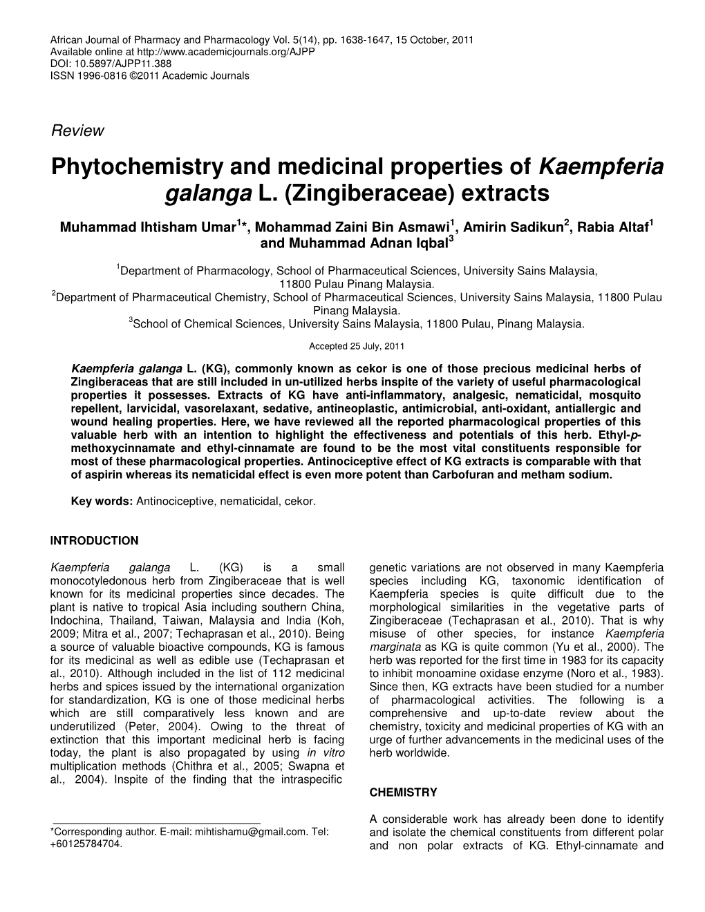 Phytochemistry and Medicinal Properties of Kaempferia Galanga L