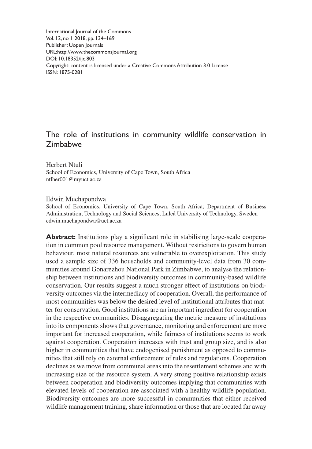 The Role of Institutions in Community Wildlife Conservation in Zimbabwe