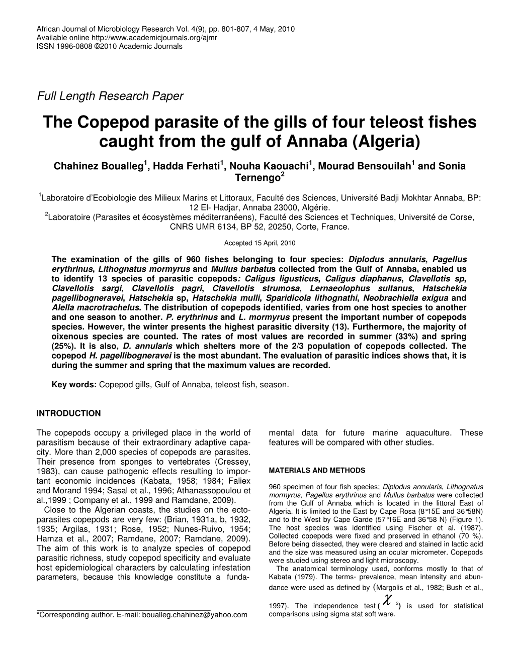 The Copepod Parasite of the Gills of Four Teleost Fishes Caught from the Gulf of Annaba (Algeria)