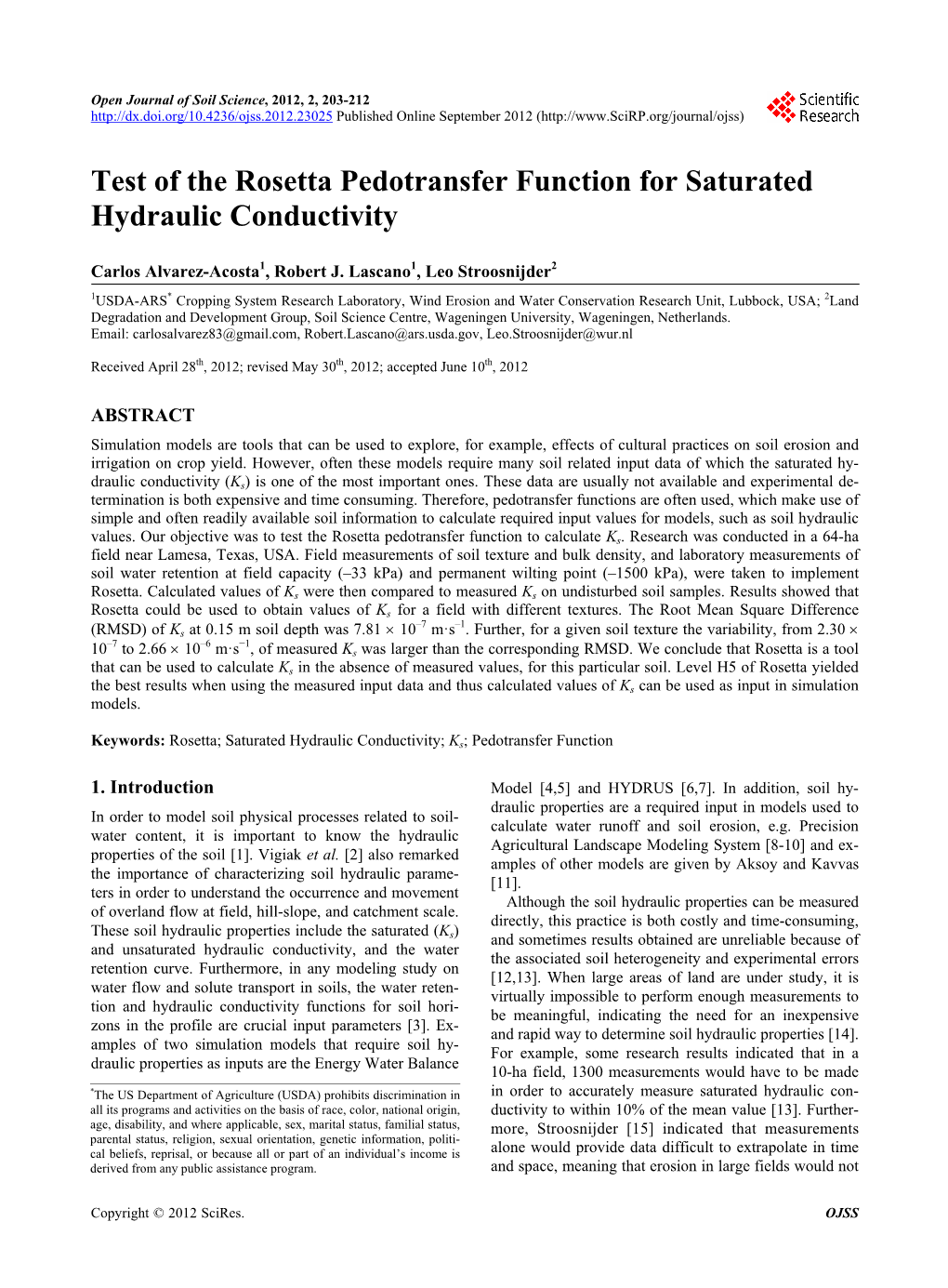 Test of the Rosetta Pedotransfer Function for Saturated Hydraulic Conductivity