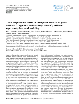 The Atmospheric Impacts of Monoterpene Ozonolysis on Global Stabilised Criegee Intermediate Budgets and SO2 Oxidation: Experiment, Theory and Modelling