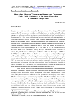 Hungarian “Minority” Networks and Borderland Community Under Political Influences of the Slovak-Hungarian Cross-Border Cooperation