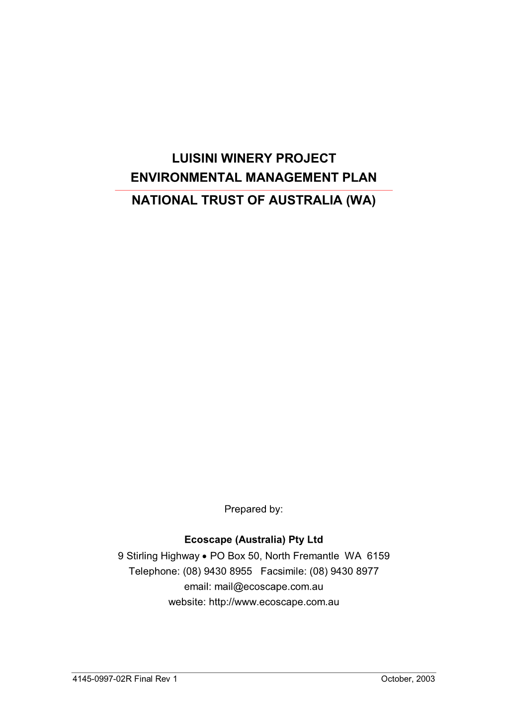 Luisini Winery Project Environmental Management Plan National Trust of Australia (Wa)
