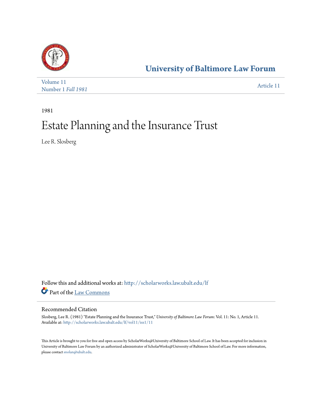 Estate Planning and the Insurance Trust Lee R