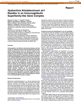 Hydractinia Allodeterminant Alr1 Resides in an Immunoglobulin Superfamily-Like Gene Complex