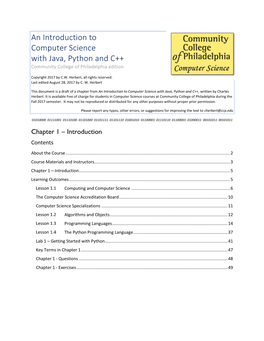 An Introduction to Computer Science with Java, Python and C++ Community College of Philadelphia Edition