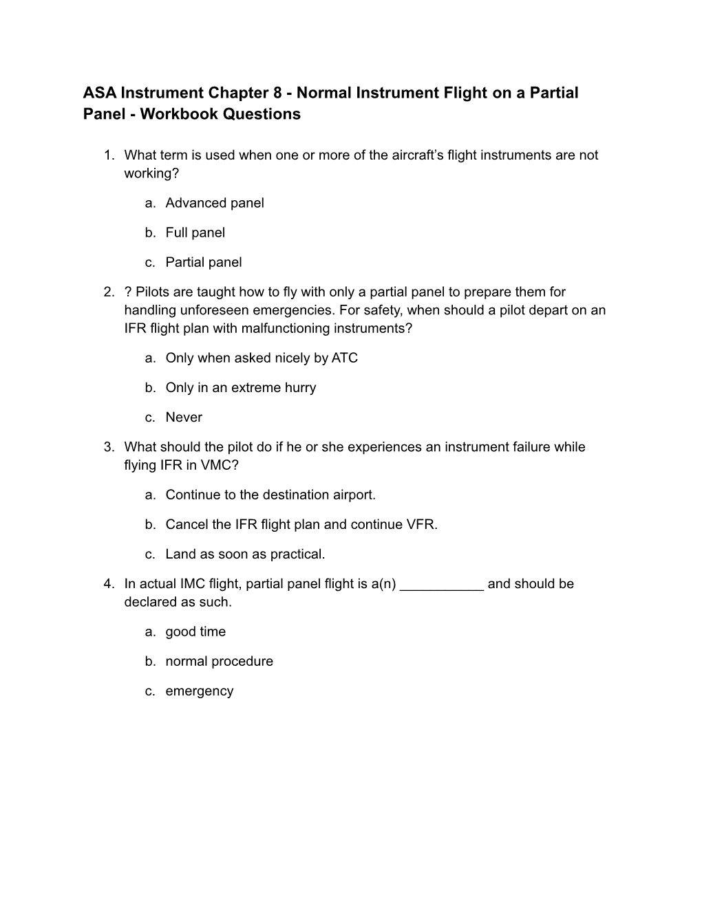 Normal Instrument Flight on a Partial Panel - Workbook Questions