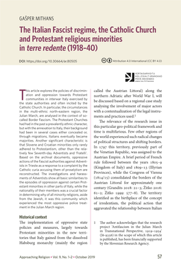 The Italian Fascist Regime, the Catholic Church and Protestant Religious Minorities in Terre Redente (1918–40)