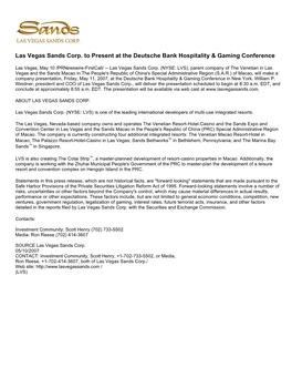Las Vegas Sands Corp. to Present at the Deutsche Bank Hospitality & Gaming Conference