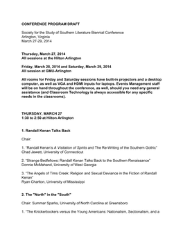 CONFERENCE PROGRAM DRAFT Society for the Study of Southern
