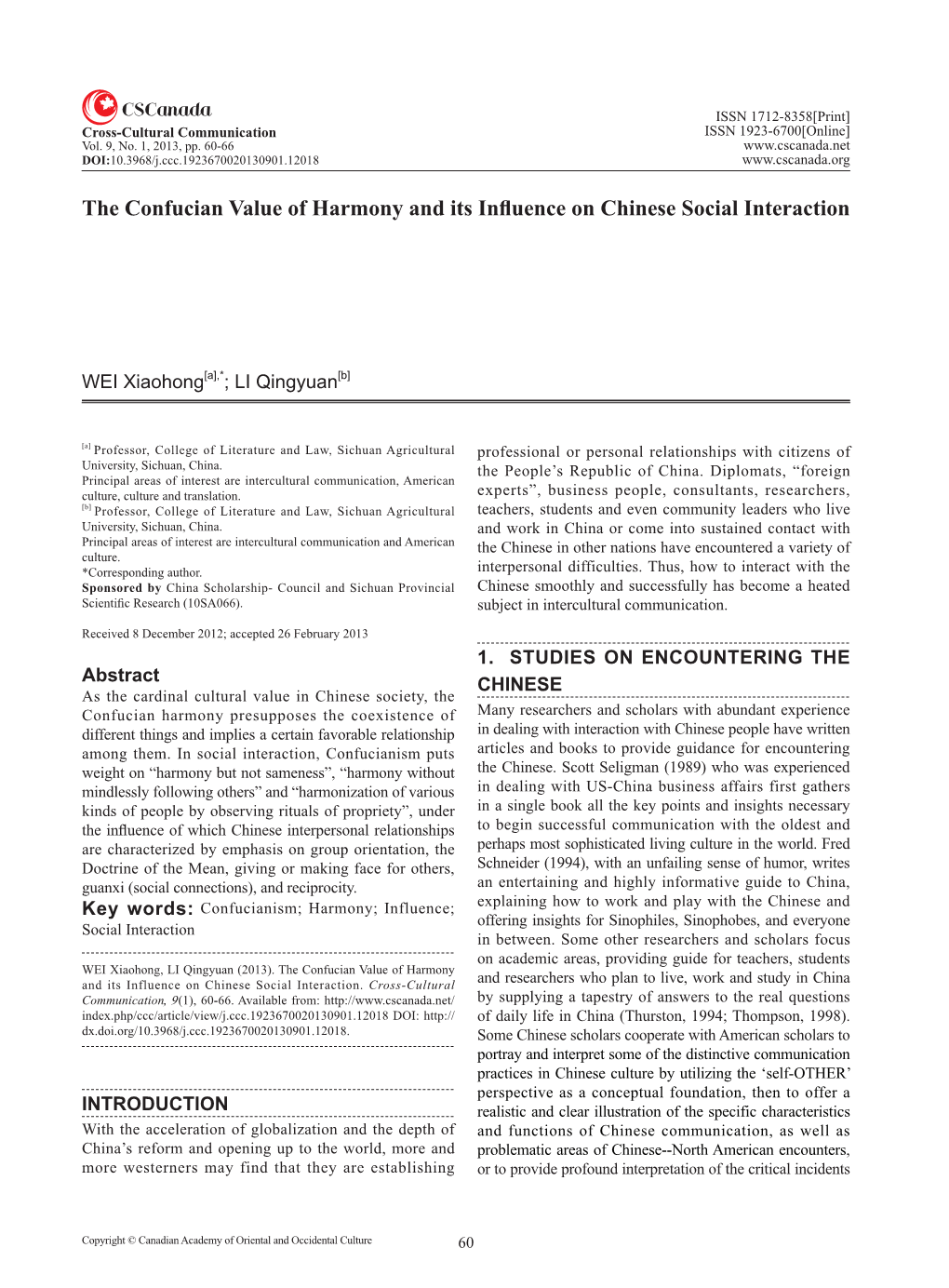 The Confucian Value of Harmony and Its Influence on Chinese Social Interaction