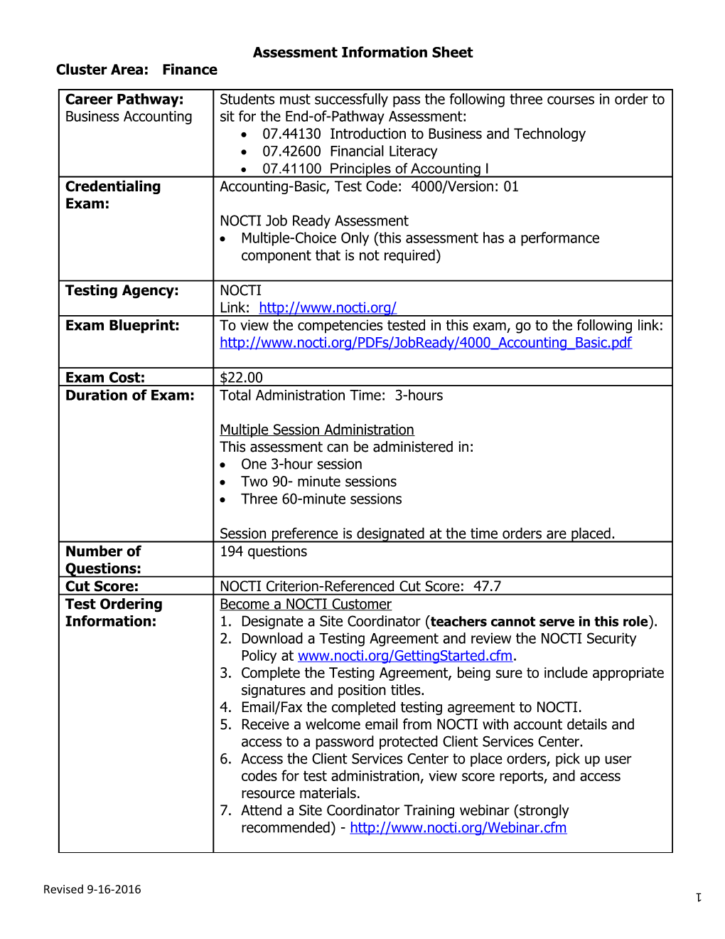 Assessment Information Sheet