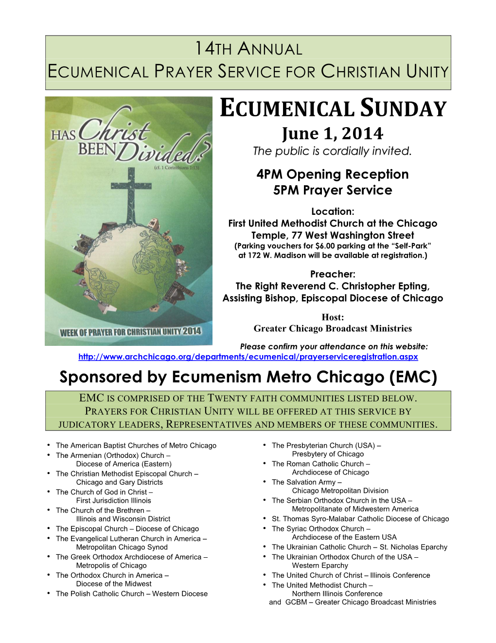 ECUMENICAL SUNDAY June 1, 2014 the Public Is Cordially Invited