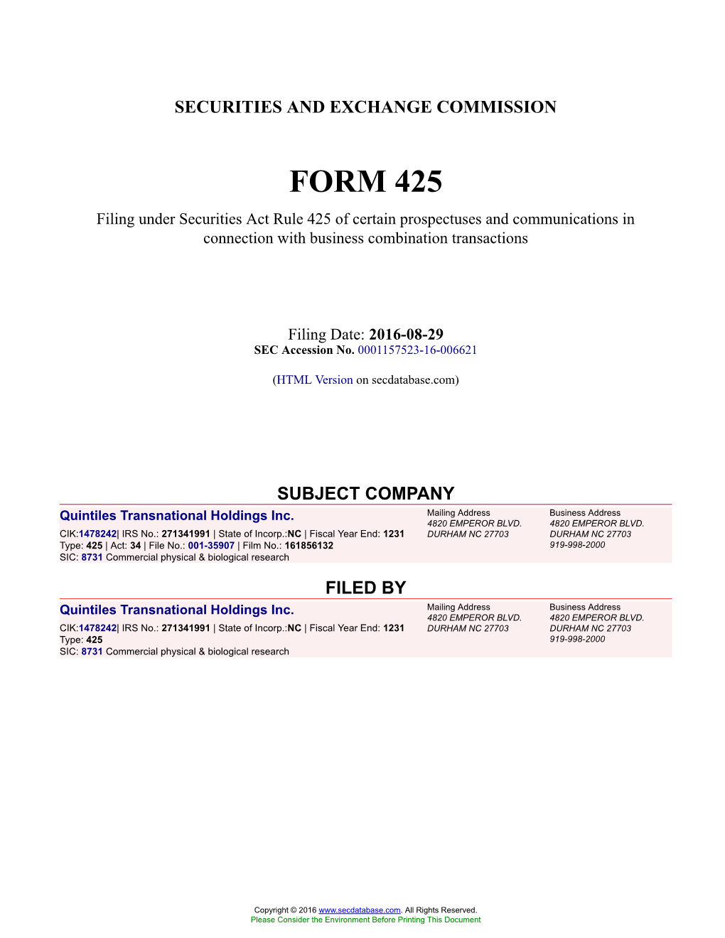 Quintiles Transnational Holdings Inc. Form 425 Filed 2016-08-29