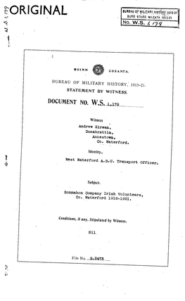 Original Bureauofmilitaryhistory1913-21 Burostairemileata1913-21 No. W.S. 1,179 Roinn Cosanta Bureau of Military History, 1913-2